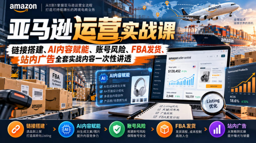亚马逊运营实战课，链接搭建、AI内容赋能、账号风险、FBA发货、站内广告全套实战内容一次性讲透-续财库