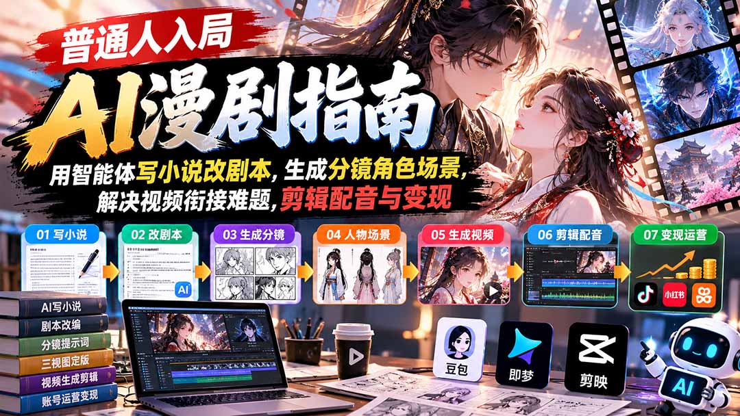 【无水印】普通人入局AI漫剧指南：用智能体写小说改剧本，生成分镜角色场景，解决视频衔接难题，剪辑配音与变现-续财库