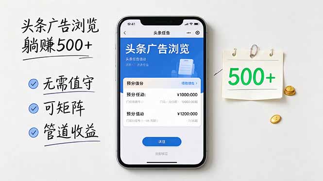 头条广告浏览躺赚500+无需值守，可矩阵并附有管道收益-续财库
