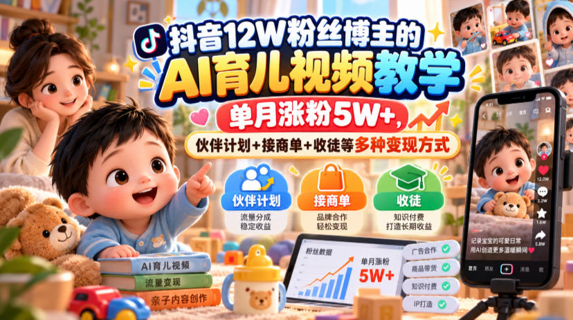 抖音12W粉丝博主的AI育儿视频教学，单月涨粉5W+，伙伴计划+接商单+收徒等多种变现方式-续财库