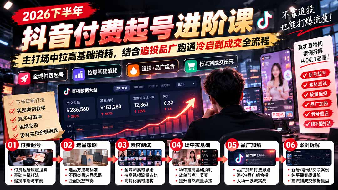 2026下半年抖音付费起号进阶课-更新1019：主打场中拉高基础消耗，结合追投品广跑通冷启到成交全流程-续财库