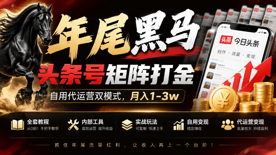 【年尾黑马】头条号矩阵打金，自用代运营双模式，月入1-3w，附全套教程及内部工具【揭秘】-续财库