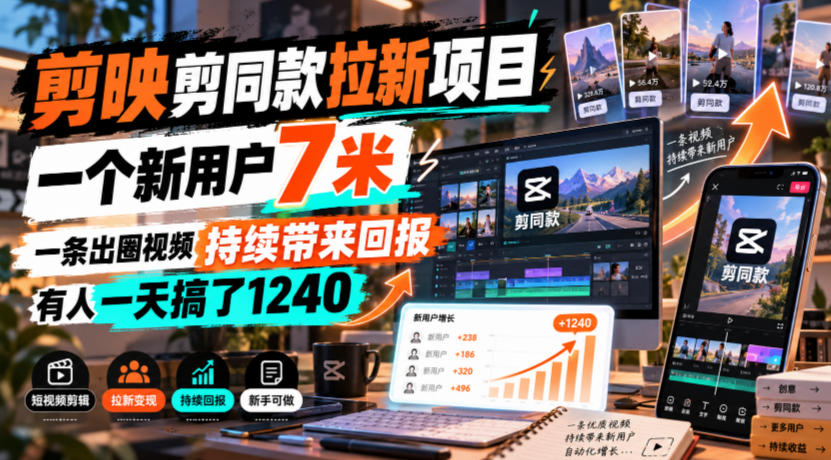 剪映剪同款拉新项目，一个新用户7米，一条出圈视频持续带来回报，有人一天搞了1240-续财库