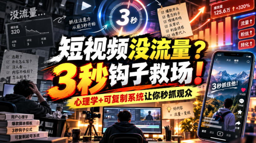 【无水印】短视频没流量？3秒钩子救场！心理学+可复制系统让你秒抓观众【原创双语字幕】-续财库