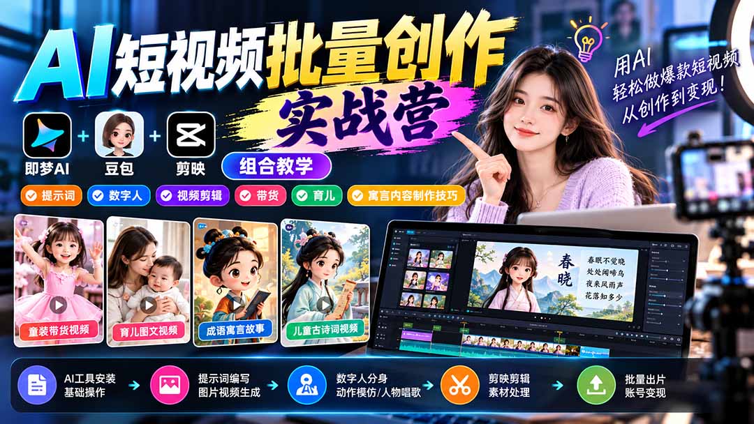 【无水印】AI短视频批量创作实战营：即梦+豆包+剪映组合教学，提示词/数字人/视频剪辑/带货/育儿/寓言内容制作技巧-续财库