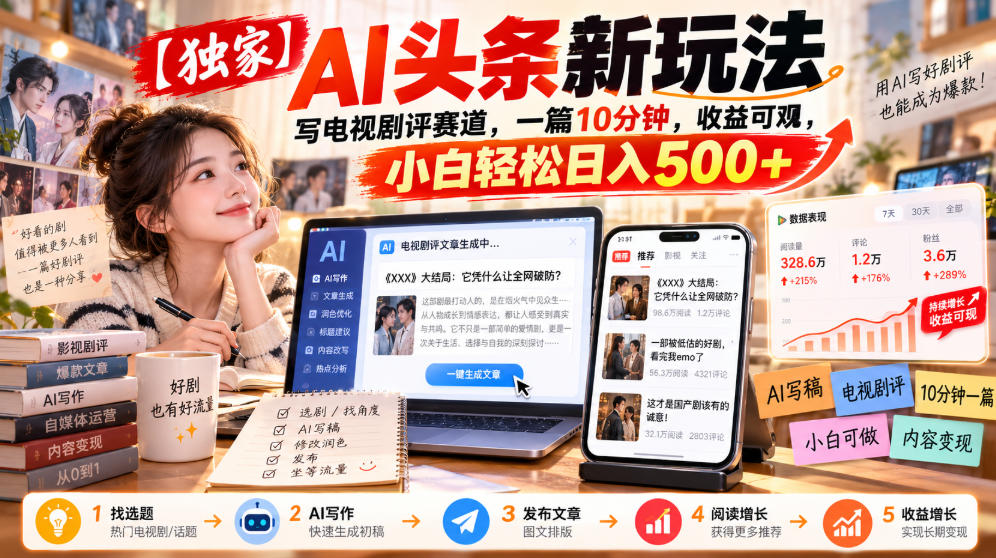 【独家】AI头条新玩法,写电视剧评赛道,一篇10分钟,收益可观,小白轻松日入500+-续财库