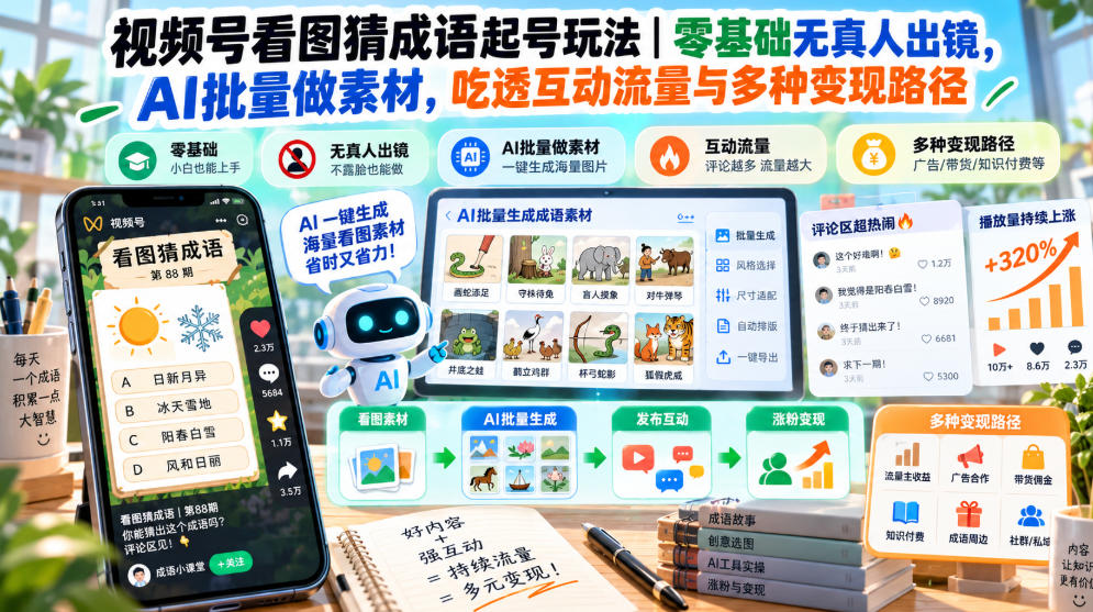 视频号看图猜成语起号玩法|零基础无真人出镜,AI批量做素材,吃透互动流量与多种变现路径-续财库