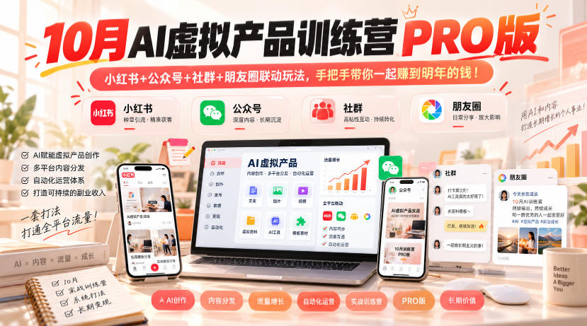 10月AI虚拟产品训练营PRO版,小红书+公众号+社群+朋友圈联动玩法,手把手带你一起赚到明年的钱!-续财库