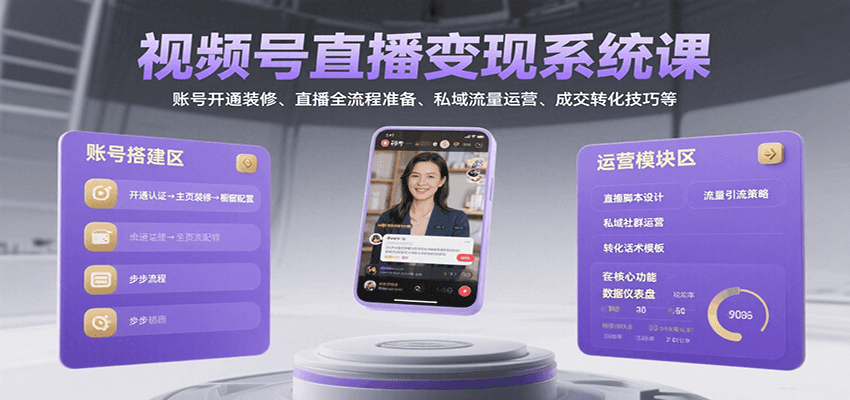 视频号直播变现系统课,账号开通装修、直播全流程准备、私域流量运营、成交转化技巧等-续财库