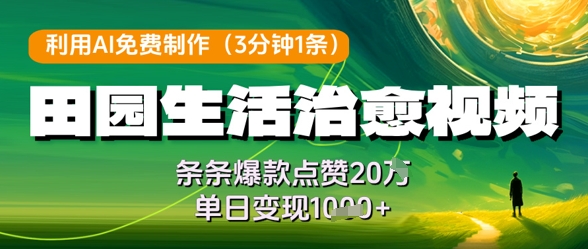 利用AI免费制作田园生活治愈视频,条条爆款点赞20W,单日变现几张