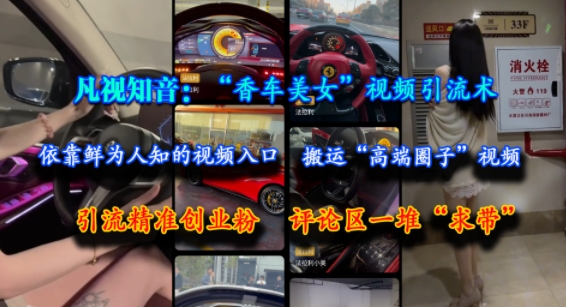 凡视知音:“香车美女”视频引流术,依靠鲜为人知的视频入口,搬运“高端圈子”视频,引流精准创业粉,评论区一堆“求带”-续财库