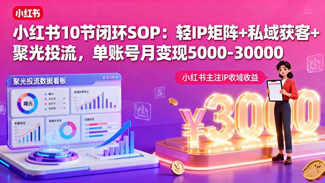 小红书10节闭环SOP：轻IP矩阵+私域获客+聚光投流，单账号月变现5000-30000-续财库