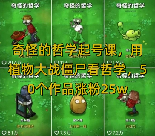 奇怪的哲学起号课，用植物大战僵尸看哲学，50个作品涨粉25w，暴力撸收益，全平台均可发布-续财库