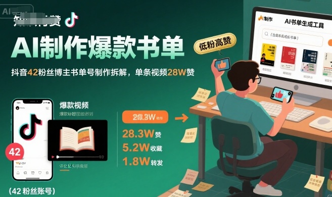 AI制作爆款书单，抖音42粉丝博主书单号制作拆解，单条视频28W赞-续财库