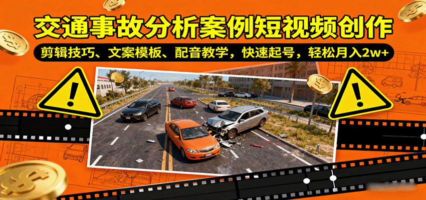 交通事故分析案例短视频创作，剪辑技巧、文案模板、配音教学，快速起号，轻松月入2w+-续财库