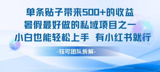 单条贴子带来5张的收益，暑假最好做的私域项目之一，小白也能轻松上手，有小红书就行-续财库