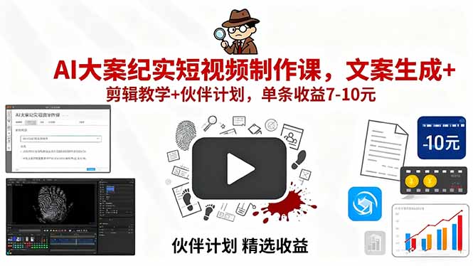 AI大案纪实短视频制作课,文案生成+剪辑教学+伙伴计划,单条收益7-10元-续财库