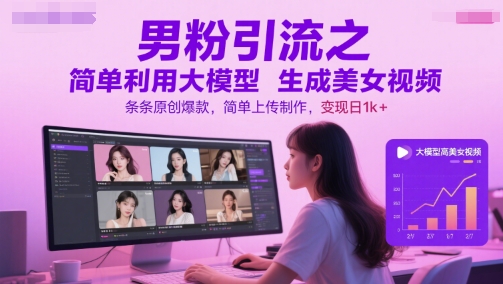 男粉引流之简单利用大模型生成美女视频，条条原创爆款，简单上传制作，变现日1k+-续财库
