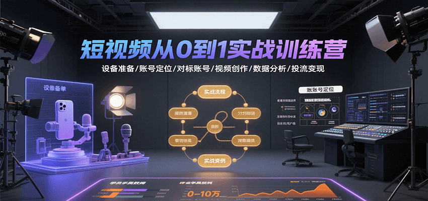 短视频从0到1实战训练营：设备准备/账号定位/对标账号/视频创作/数据分析/投流变现-续财库