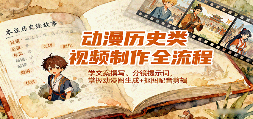 动漫历史类视频制作全流程，学文案撰写、分镜提示词，掌握动漫图生成+抠图配音剪辑-续财库