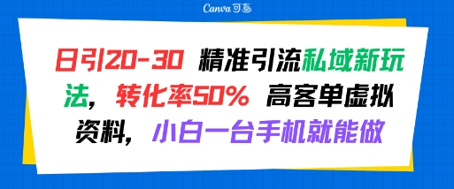 日引 20-30 精准引流私域新玩法，转化率50% 高客单虚拟资料，小白一台手机就能做-续财库