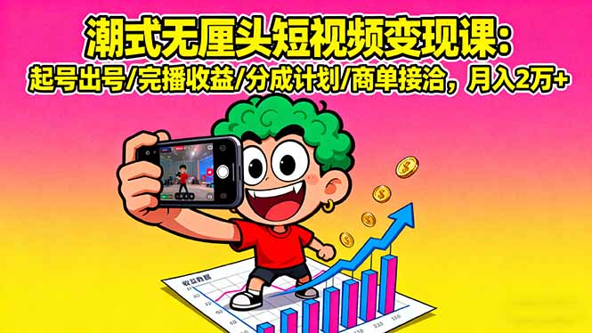 潮式无厘头短视频变现课：起号出号/完播收益/分成计划/商单接洽，月入2万+-续财库